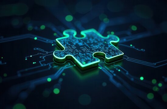 Glowing green circuit board puzzle piece on digital background