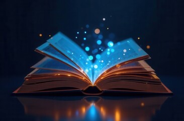 Magical open book with glowing pages and floating lights in dark ambiance