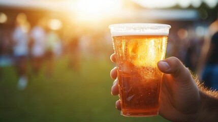 A hand holding a cold beer in a plastic cup with golden-hour sunlight over a festival.