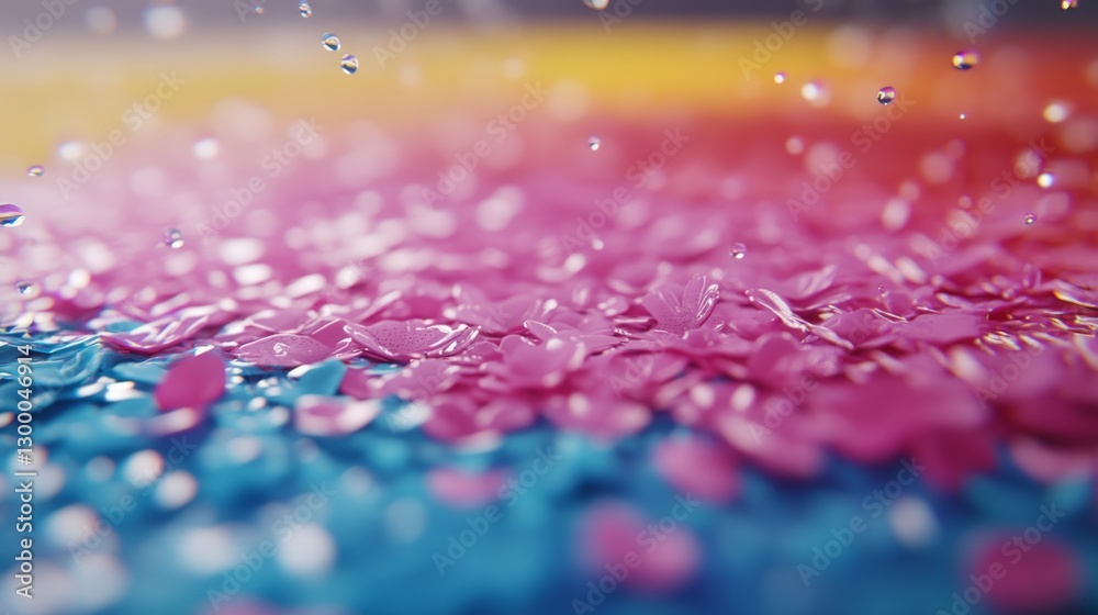 Poster colorful water droplets rest on a delicate flower petal, reflecting light and creating a refreshing 