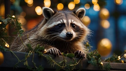 A raccoon perched on a railing adorned with greenery and festive lights.