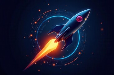 Futuristic rocket in space with glowing trail and technological accents