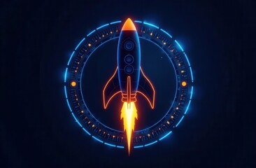 Futuristic neon rocket launch inside digital circular interface
