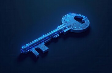 Glowing futuristic digital key on dark background with blue lighting effects