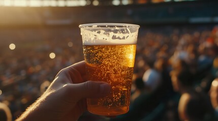 A hand holding a beer in a plastic cup at a sports stadium during sunset with warm lighting.