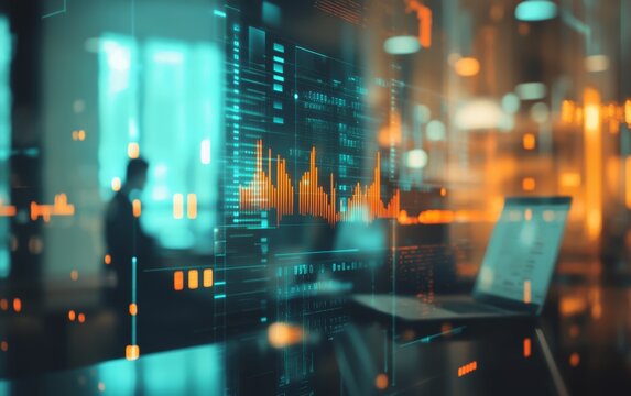 Analyst reviewing data on holographic screen in office - Powered by Adobe