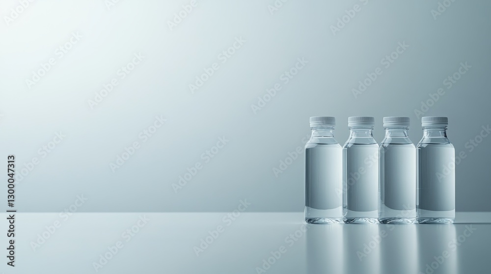 Poster four clear plastic bottles with minimalist design are neatly arranged side by side, partially filled