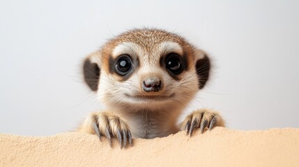 Curious baby meerkat peeking from burrow desert habitat wildlife photography natural environment close-up perspective animal behavior