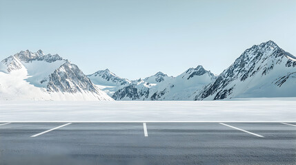Empty Parking Lot with Snowy Mountain Range Background