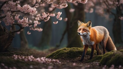 Fototapeta premium A fox stands amidst blooming cherry blossoms in a serene forest setting.