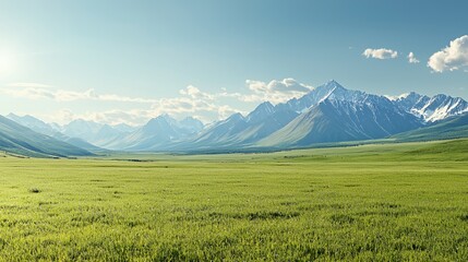 Vast Green Meadow with Majestic Snow Capped Mountains under a Sunny Sky