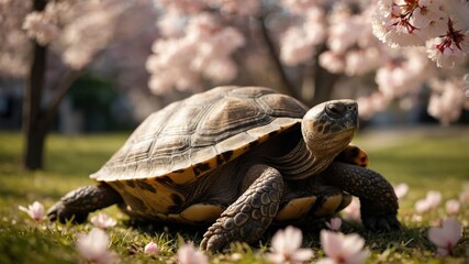 Fototapeta premium A tortoise amidst blooming cherry blossoms in a serene garden setting.