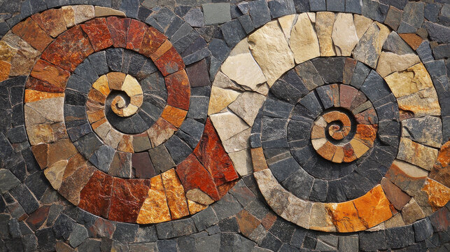 A close-up of an exquisite mosaic featuring interlocking spiral designs, created from naturally weathered stones arranged in an artful, harmonious pattern