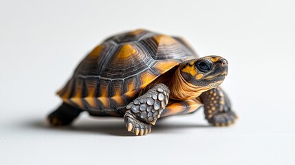 Fototapeta premium Tortoise adventure sandy beach short film natural habitat close-up a baby tortoise crawls slowly on its tiny legs