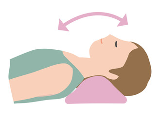 ストレッチ用の枕に横たわり、首を伸ばす女性のイラスト