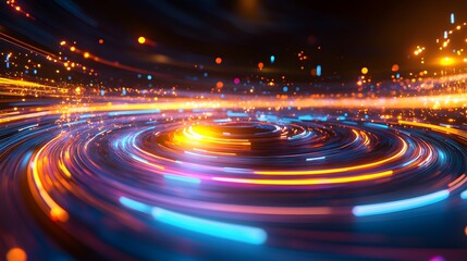 Obraz premium glowing spiral of energy, representing technology, data flow, and innovation, with dynamic light trails in various colors.