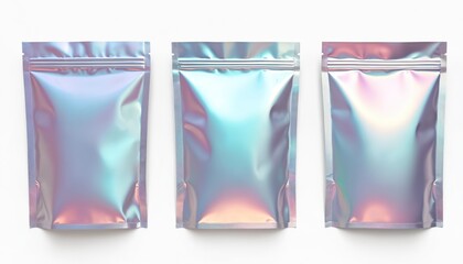Set of shiny aluminum foil bags, plastic laser mylar foil zip lock bag isolated on white background. Iridescent glossy object, aluminum packet used for food product design, snack package.