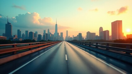 Obraz premium A bypass city highway leads towards a skyline of modern skyscrapers under a vibrant sunset.