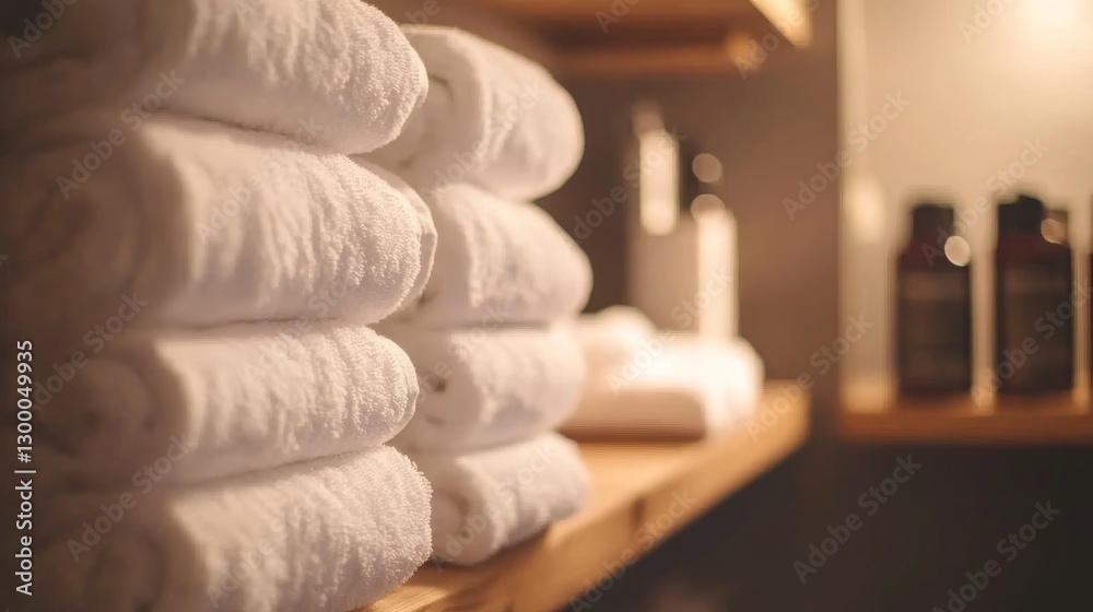 Poster soft white bath towels are neatly stacked on a wooden shelf, enhancing the tidy atmosphere of a laun