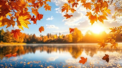Vibrant Autumn Leaves by Scenic Water Surface