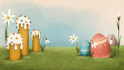 Holiday greeting card or poster for spring holiday Easter with cute cartoon Easter Eggs and cake and flowers. 