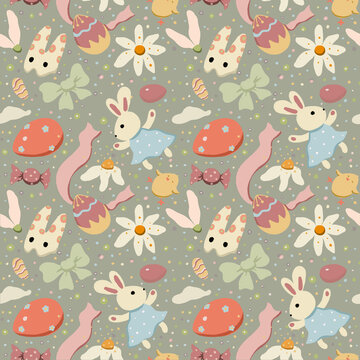 Easter seamless pattern background with spring easter elements. 