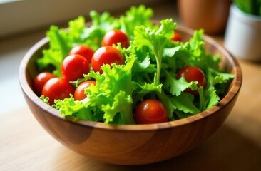Fresh salad with cherry tomatoes and lettuce in wooden bowl on table