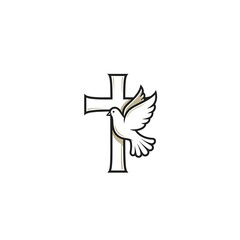 A stylized illustration of a Christian cross with a dove in flight, symbolizing peace.