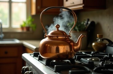 Copper tea kettle with steam on stove in cozy kitchen setting