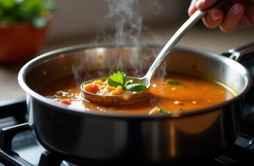 Steaming vegetable soup in a pot with ladle and fresh parsley garnish