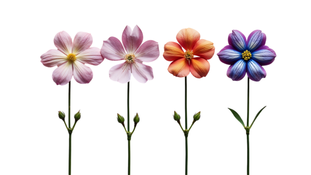 Time-lapse concept of cosmos flower evolution, delicate textures and symmetrical composition in a minimalist botanical arrangement