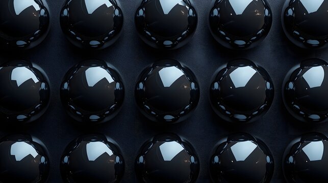 an abstract background of multiple glossy black spheres arranged in a grid pattern. The spheres reflect light