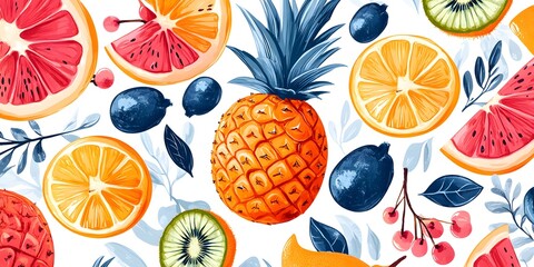 fresh and colorful fruit pattern design, with pineapple, orange, grapefruit, kiwi, and blueberries