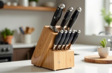 Set of six stainless steel kitchen knives in wooden block on modern countertop