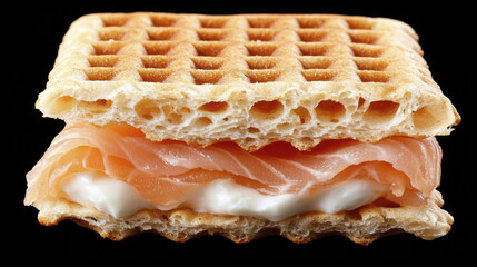 Crispy waffle sandwich with smoked salmon and creamy sauce, delicious treat