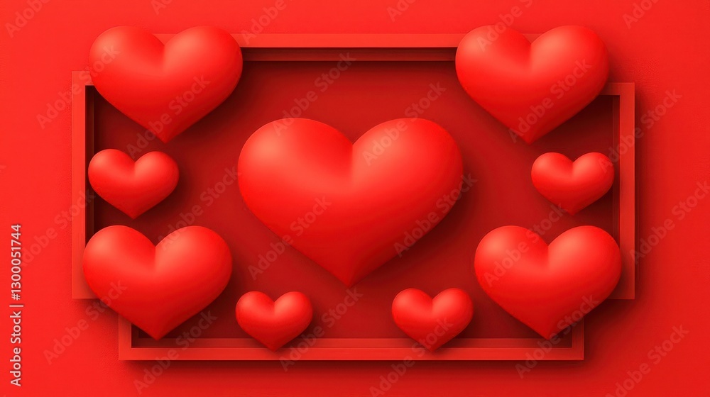 Poster red 3d hearts in a frame on red background valentine's day design