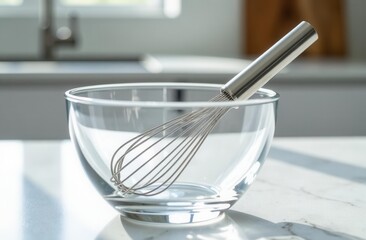 Glass mixing bowl and stainless steel whisk on marble kitchen countertop