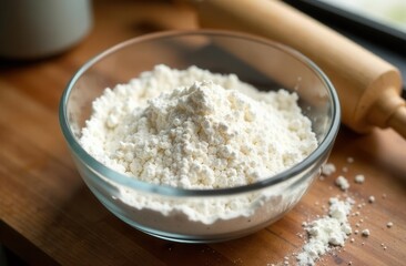 Glass bowl of flour on wooden countertop next to rolling pin