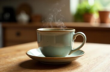 Obraz premium Steaming coffee cup on wooden table in cozy kitchen setting