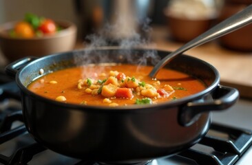 Steaming vegetable bean soup in black pot on stove