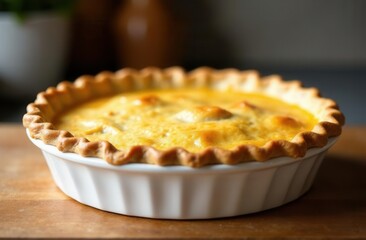Delicious homemade quiche in white ceramic dish on wooden counter