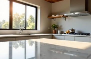 Sunlit modern kitchen with marble countertop and stainless steel appliances