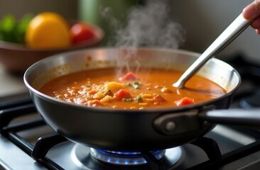 Steaming vegetable soup cooking in a pan on stove with fresh ingredients