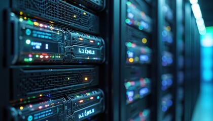 Close-up view of powerful servers, backbone of data centers, modern technology. Computing, database, efficiency, hosting, information tech, network system rack, cyberspace. Innovation, power,