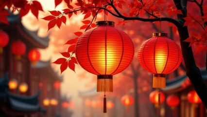 Fototapeta premium Chinese lanterns hanging from a tree branch with red leaves, creating a warm and festive atmosphere in a traditional setting.