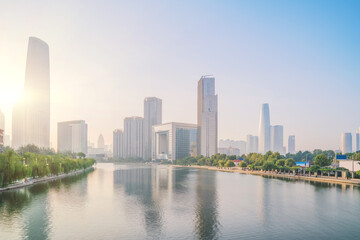 Fototapeta premium The urban architectural skyline, modern bridges, and Haihe River scenery of Tianjin, China on August 11, 2024 