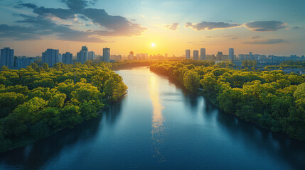 Fototapeta premium Sunrise Over Vibrant City Skyline and Lush Riverbanks 