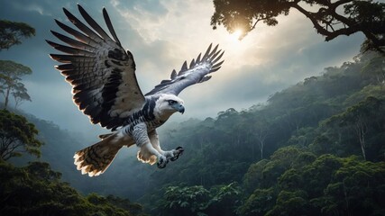 Fototapeta premium A majestic eagle soaring over a lush forest at sunset, showcasing nature's beauty.