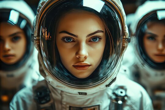 Astronauts in futuristic suits prepare for a mission in a high-tech space station, with glowing controls