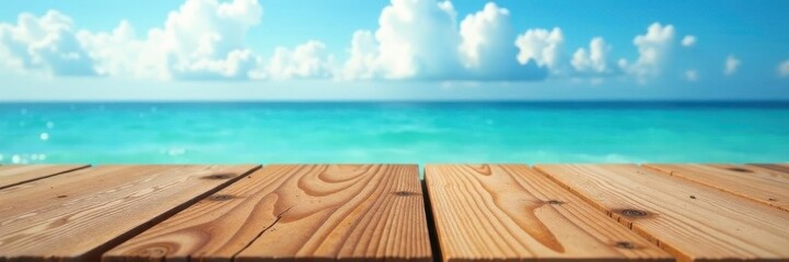 Fototapeta premium Warm brown wood surface, vibrant blurred sea & sky backdrop, ocean, water